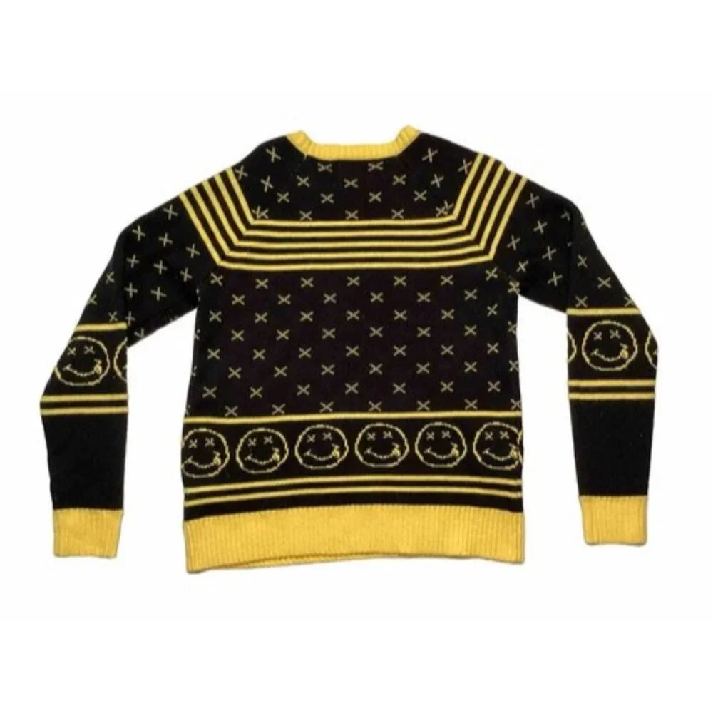 Nirvana Crew Neck Knitted Sweater Yellow Black Small Smiley Face Cobain Grunge - Picture 2 of 5